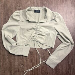 Cider Sage Green Ruched Front Crop Top Long Sleeve Collared Blouse Size S